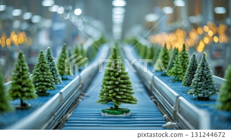 Miniature Christmas trees on a production line Miniature Christmas trees on a production line 131244672
