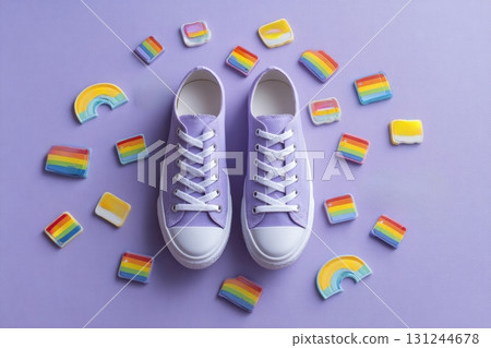 Purple sneakers with rainbow pins 131244678