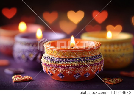 Decorative Diwali Clay Candles with Heart Bokeh Lights Decorative Diwali Clay Candles with Heart Bokeh Lights 131244680
