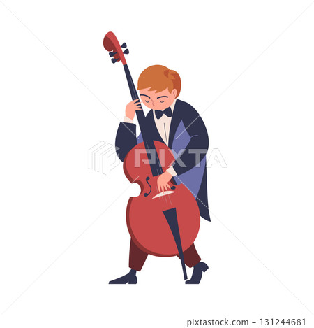 Man Musician Character Play Contrabass Musical Instrument Standing on Stage Vector Illustration 131244681