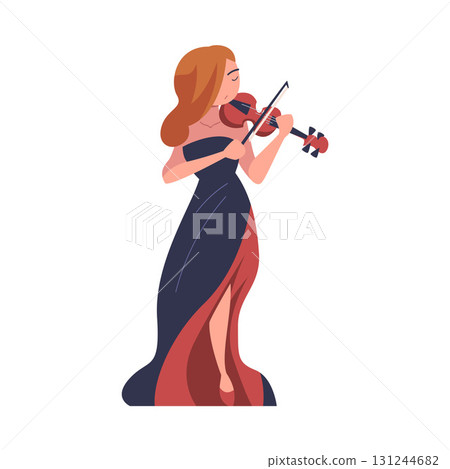 Woman Musician Character Play Violin Musical Instrument Standing on Stage Vector Illustration 131244682