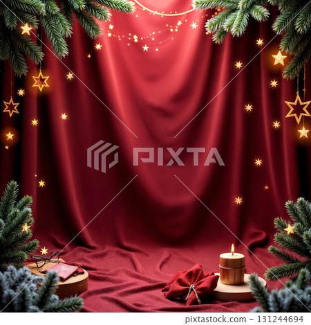 christmas background with red curtain, candles and fir branches, copy space 131244694