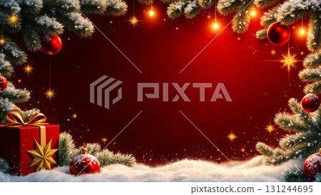 festive New Year's red background with snow-covered fir trees, glowing garlands and gifts festive New Year's red background with snow-covered fir trees, glowing garlands and gifts 131244695