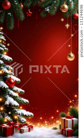 festive red background with snow-covered fir trees, glowing garlands and gifts 131244696