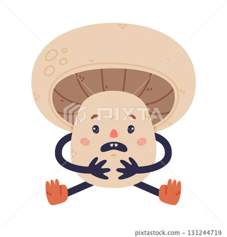 Funny Mushroom Character with Happy Face and Cap in Sitting Pose Vector Illustration Funny Mushroom Character with Happy Face and Cap in Sitting Pose Vector Illustration 131244719