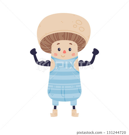 Funny Mushroom Character with Happy Face and Cap Show Muscle Vector Illustration 131244720