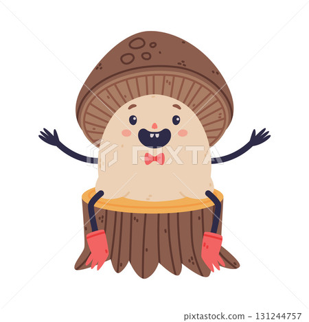 Funny Mushroom Character with Happy Face and Cap Sit on Tree Stump Vector Illustration Funny Mushroom Character with Happy Face and Cap Sit on Tree Stump Vector Illustration 131244757