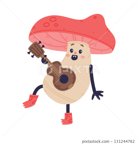 Funny Mushroom Character with Happy Face and Cap Play Guitar Vector Illustration 131244762