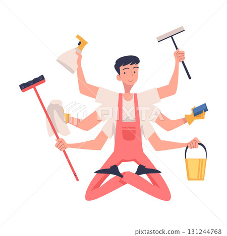 Multitasking Man Cleaner Character with Many Hands Vector Illustration Multitasking Man Cleaner Character with Many Hands Vector Illustration 131244768