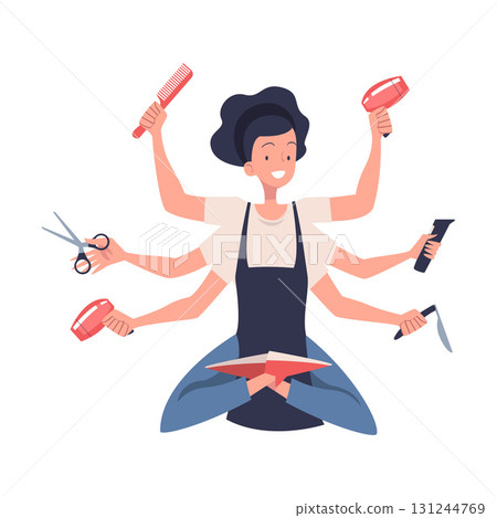 Multitasking Woman Hairdresser Character with Many Hands Vector Illustration 131244769