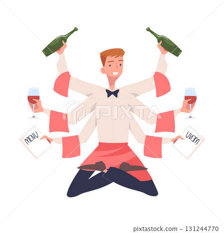 Multitasking Man Waiter Character with Many Hands Vector Illustration 131244770