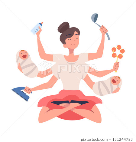 Multitasking Woman Babysitter Character with Many Hands Vector Illustration 131244783