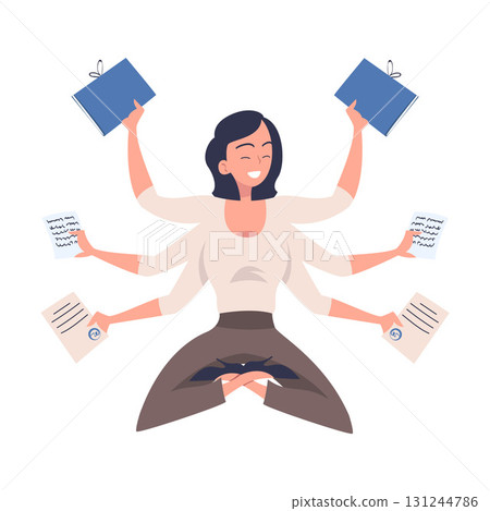 Multitasking Woman Office Employee Character with Many Hands Vector Illustration Multitasking Woman Office Employee Character with Many Hands Vector Illustration 131244786