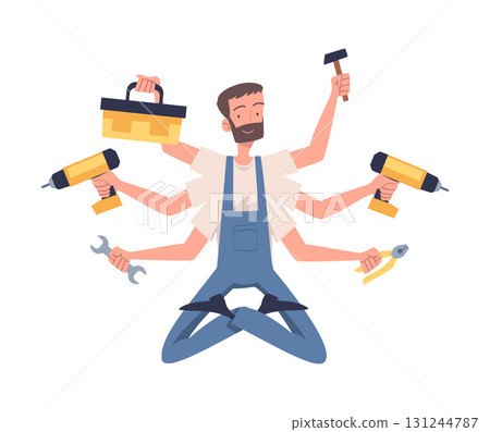 Multitasking Man Handyman Character with Many Hands Vector Illustration 131244787