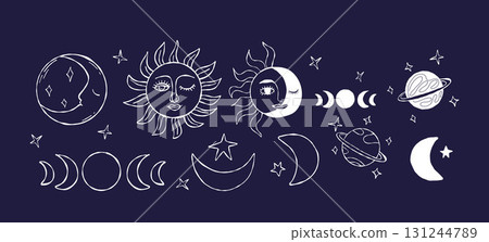 Celestial Magic Doodles. Textured Hand-Drawn Sun, Moon, Crescent and Stars. Outline Magical Set. Perfect for Astrology, Spirituality, Mystical Designs. Isolated Vector White Space Drawings. Not AI 131244789