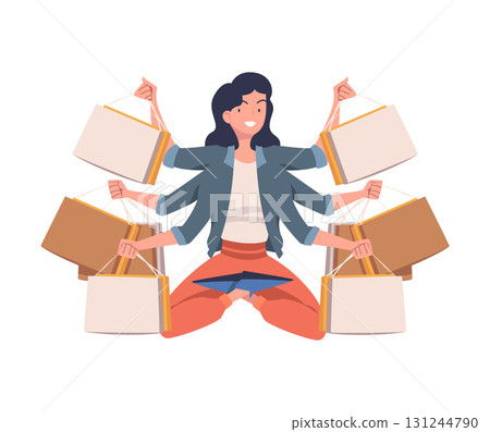 Multitasking Woman Character with Many Hands Holding Shopping Bags Vector Illustration 131244790