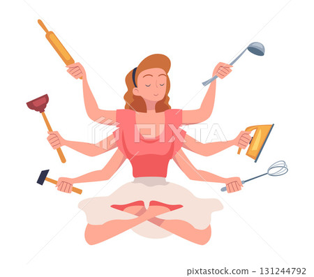 Multitasking Woman Housewife Character with Many Hands Vector Illustration 131244792