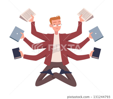 Multitasking Man Office Employee Character with Many Hands Vector Illustration 131244793