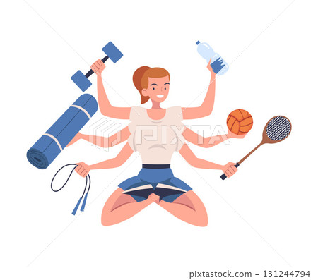 Multitasking Woman Character with Many Hands Do Sport Vector Illustration Multitasking Woman Character with Many Hands Do Sport Vector Illustration 131244794