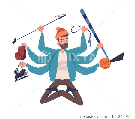 Multitasking Man Character with Many Hands Do Sport Vector Illustration Multitasking Man Character with Many Hands Do Sport Vector Illustration 131244795