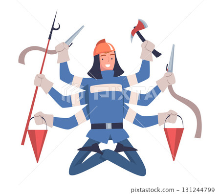 Multitasking Man Firefighter Character with Many Hands Vector Illustration Multitasking Man Firefighter Character with Many Hands Vector Illustration 131244799