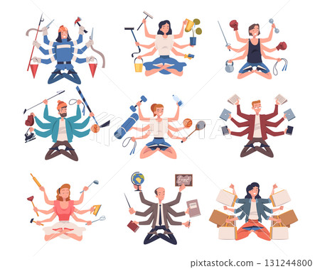 Multitasking People Character with Many Hands Vector Set Multitasking People Character with Many Hands Vector Set 131244800