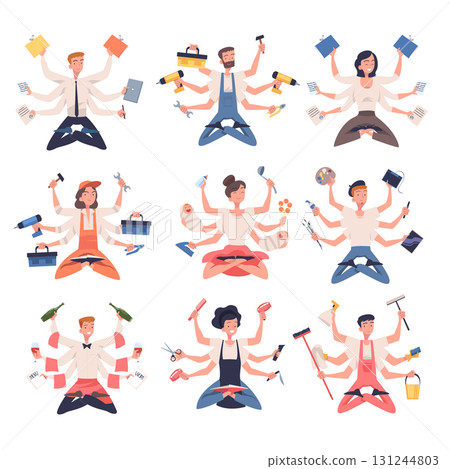 Multitasking People Character with Many Hands Vector Set Multitasking People Character with Many Hands Vector Set 131244803