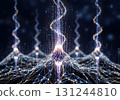 3d rendering of a glowing particles that form lines and dots on a black background 131244810
