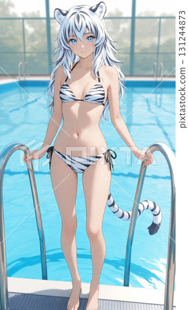 A beautiful girl with white tiger ears and a tail smiles in the pool. 131244873
