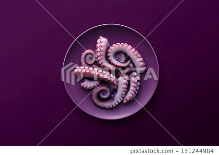 Octopus tentacles arranged on a purple plate against a matching purple background, seafood culinary concept Octopus tentacles arranged on a purple plate against a matching purple background, seafood culinary concept 131244984