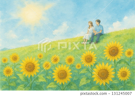 夏日意象，向日葵，藍天，男人與女人，水彩畫 131245007