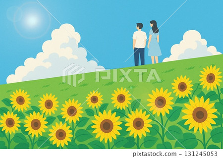 夏季圖像向日葵藍天男人和女人向量 夏季圖像向日葵藍天男人和女人向量 131245053