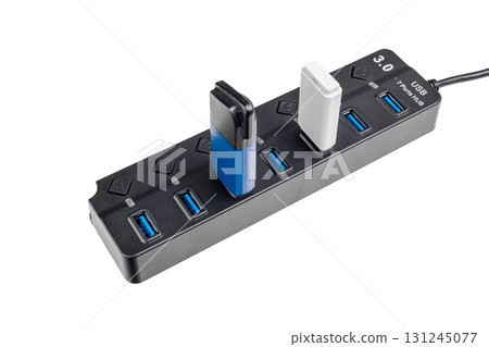 USB 3.0 7-Port Hub with Power Buttons on White Background 131245077