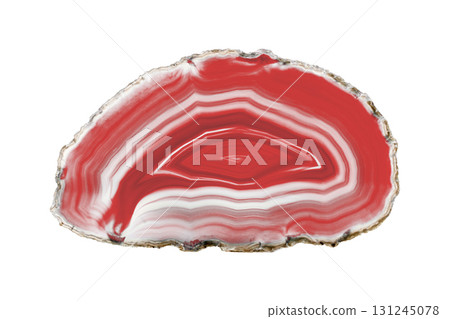 Painted Red Agate Slice with White Veins on White Background for Decor 131245078