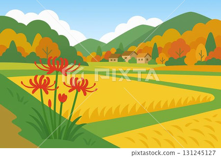 Red spider lily Autumn rural landscape Satoyama landscape Vector 131245127