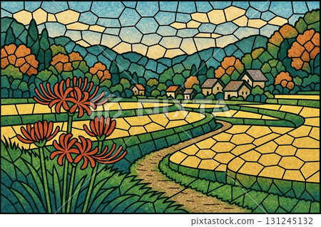 Red spider lilies, autumn rural landscape, Satoyama landscape, stained glass style 131245132