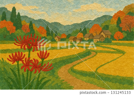 紅花石蒜、秋季鄉村風景、里山風景、拼貼畫 131245133