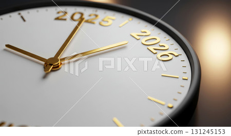 A black and white clock face with golden hands moving towards the year 2026, marking the New Year transition. 131245153