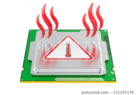 Computer processor with overheating warning symbol and heat waves, 3D rendering 131245176