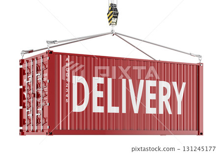 Delivery, shipping container on crane hook. 3D rendering 131245177