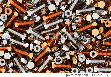 Pile of copper and steel bolts and nuts, background. 3D rendering Pile of copper and steel bolts and nuts, background. 3D rendering 131245187