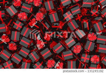 Black gift boxes with red ribbons pile, background. 3D rendering 131245192