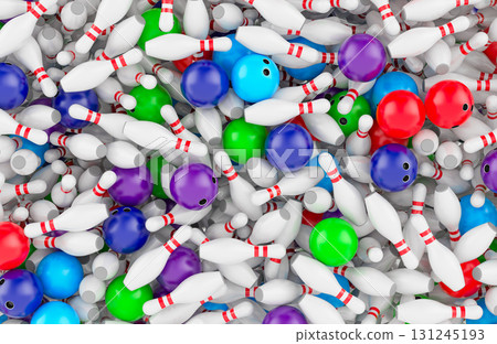 Bowling ball and skittles pile, background. 3D rendering Bowling ball and skittles pile, background. 3D rendering 131245193