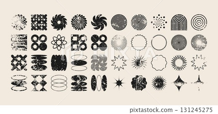 Brutalist geometric shapes, modern grunge symbols. Simple primitive elements and forms, distressed details. Retro design, aged, vintage, trendy contemporary minimalist style, y2k. Vector illustration Brutalist geometric shapes, modern grunge symbols. Simple primitive elements and forms, distressed details. Retro design, aged, vintage, trendy contemporary minimalist style, y2k. Vector illustration 131245275