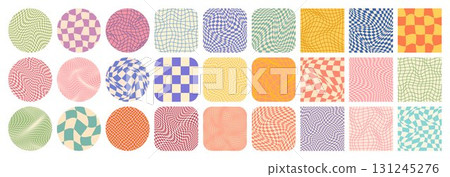 Groovy checkered pattern, colorful tiled grid. Vintage wavy curved backdrop, distortion effect. Funky geometric chessboard texture, retro background in 90s style, y2k. Vector illustration Groovy checkered pattern, colorful tiled grid. Vintage wavy curved backdrop, distortion effect. Funky geometric chessboard texture, retro background in 90s style, y2k. Vector illustration 131245276