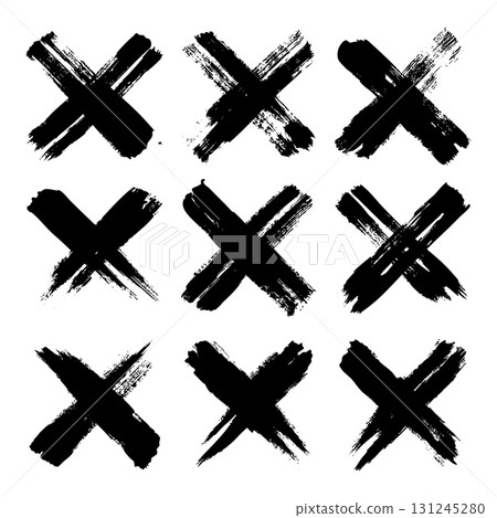 Grunge crosses, brush strokes, x mark, lines, ink smudges, hand-drawn scribble shapes. Handmade sketchy marks, acrylic stains, charcoal streaks. Paint textures, dry brush effect. Vector illustration 131245280