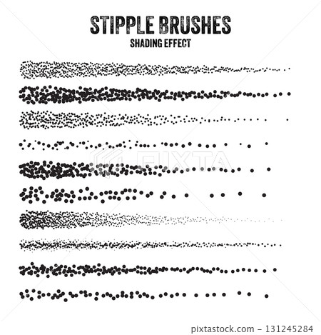 Ink scatter brush, stipple drawing and texturing. Fading gradient. Stippling, dotwork drawing, shading using dots. Halftone disintegration effect. White noise grainy texture. Vector illustration Ink scatter brush, stipple drawing and texturing. Fading gradient. Stippling, dotwork drawing, shading using dots. Halftone disintegration effect. White noise grainy texture. Vector illustration 131245284