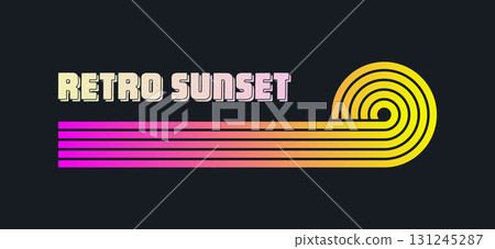 Vintage colorful sunset. Various gradient striped sunrise badges in 80s and 90s style. Sun and ocean view, summer vibes, surfing. Design element for print, logo or t-shirt. Vector illustration Vintage colorful sunset. Various gradient striped sunrise badges in 80s and 90s style. Sun and ocean view, summer vibes, surfing. Design element for print, logo or t-shirt. Vector illustration 131245287
