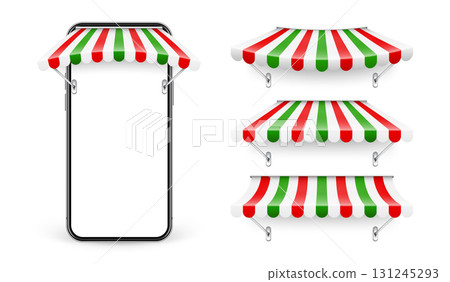Smartphone with shop sunshade, metal mount, online internet shopping. Realistic striped cafe awning. Outdoor market tent. Roof canopy in Italian flag colors. Summer street store. Vector illustration 131245293