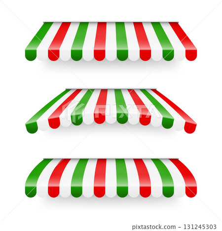 Shop sunshade. Realistic striped cafe awning. Outdoor market tent. Roof canopy in Italian flag colors. Summer street store. Vector illustration Shop sunshade. Realistic striped cafe awning. Outdoor market tent. Roof canopy in Italian flag colors. Summer street store. Vector illustration 131245303